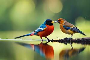 twee kleurrijk vogelstand staand Aan een log in de buurt water. ai-gegenereerd foto