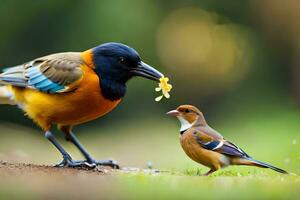 een vogel aan het eten van een vogel voeder. ai-gegenereerd foto