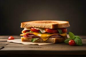 ham en kaas belegd broodje met tomaat en kaas Aan een houten tafel. ai-gegenereerd foto