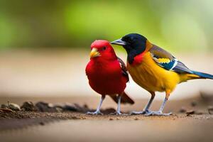 twee kleurrijk vogelstand staand Aan de grond. ai-gegenereerd foto