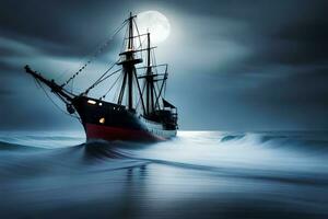 een schip in de oceaan Bij nacht met een vol maan. ai-gegenereerd foto