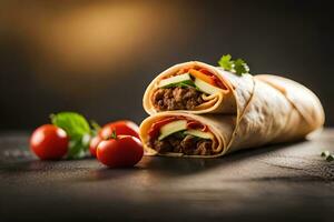 burrito met vlees, groenten en tomaten Aan een donker achtergrond. ai-gegenereerd foto