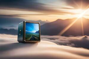 een koffer zittend Aan top van een berg met een zonsondergang in de achtergrond. ai-gegenereerd foto
