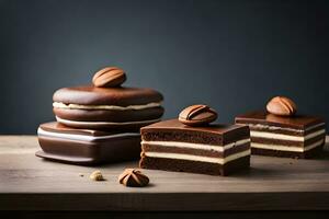 chocola taart met noten Aan een houten tafel. ai-gegenereerd foto