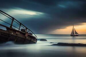 een boot is zittend Aan de kust van de oceaan. ai-gegenereerd foto