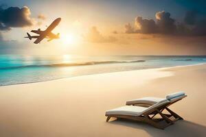 een vlak vliegt over- een strand met lounge stoelen en een vlak. ai-gegenereerd foto