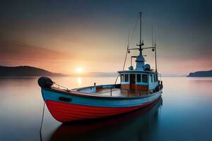 een boot is zittend Aan de water Bij zonsondergang. ai-gegenereerd foto