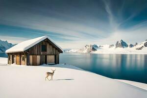 een hert staat in voorkant van een cabine in de sneeuw. ai-gegenereerd foto