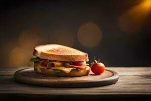 een geroosterd belegd broodje met kaas, spek en tomaten Aan een houten bord. ai-gegenereerd foto