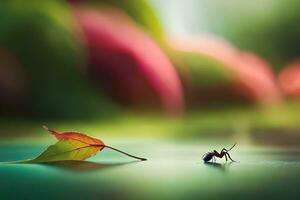 een klein insect is wandelen Aan een blad. ai-gegenereerd foto