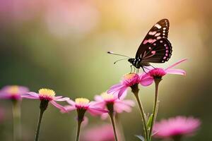 vlinder Aan roze bloemen met zon schijnend door. ai-gegenereerd foto