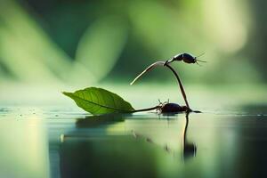 twee bugs zijn zittend Aan een blad in water. ai-gegenereerd foto