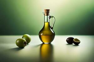 een fles van olijf- olie en sommige olijven Aan een tafel. ai-gegenereerd foto