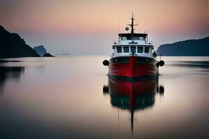 een rood boot is drijvend in de water Bij zonsondergang. ai-gegenereerd foto