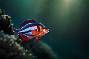 een oranje en wit vis is zwemmen in de oceaan. ai-gegenereerd foto