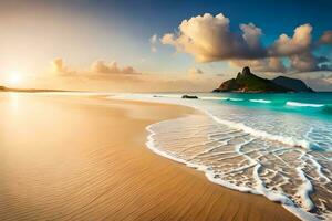 een mooi strand met golven en zon instelling. ai-gegenereerd foto