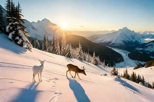 hert en elanden in de sneeuw Bij zonsondergang. ai-gegenereerd foto