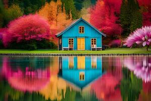 kleurrijk huis door de meer met kleurrijk bomen. ai-gegenereerd foto