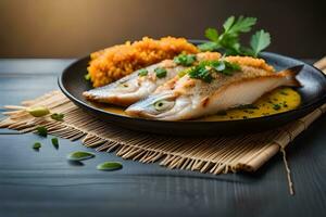 gegrild vis met rijst- en peterselie Aan een bord. ai-gegenereerd foto