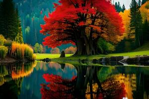 een boom met kleurrijk bladeren is weerspiegeld in de water. ai-gegenereerd foto