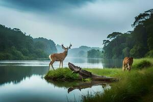 twee hert staan Aan de kust van een rivier. ai-gegenereerd foto