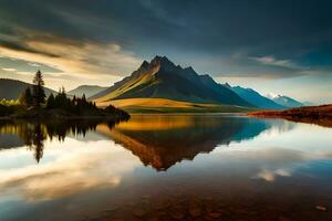 een berg reeks is weerspiegeld in een meer Bij zonsondergang. ai-gegenereerd foto