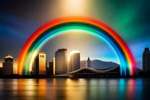 regenboog over- stad horizon met water en gebouwen. ai-gegenereerd foto