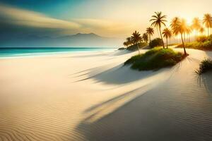 een mooi strand met palm bomen en zand. ai-gegenereerd foto