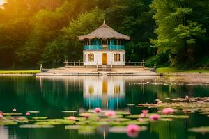 een klein pagode zit Aan de rand van een meer omringd door water lelies. ai-gegenereerd foto