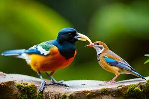 een kleurrijk vogel is staand De volgende naar een ander vogel. ai-gegenereerd foto