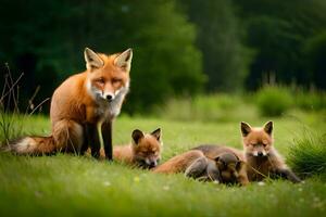 een vos familie is zittend in de gras. ai-gegenereerd foto