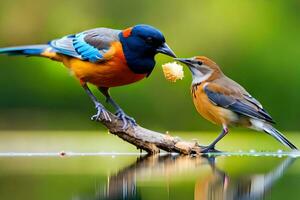 twee vogelstand zijn staand Aan een Afdeling met een stuk van voedsel. ai-gegenereerd foto