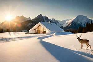 een hert staat in voorkant van een cabine in de sneeuw. ai-gegenereerd foto