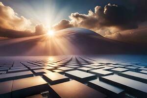 een futuristische landschap met kubussen en wolken. ai-gegenereerd foto