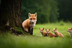 een vos familie met twee welpen in de gras. ai-gegenereerd foto