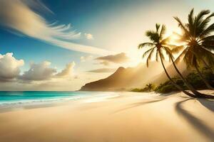 tropisch strand met palm bomen en oceaan. ai-gegenereerd foto