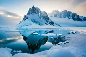 een berg reeks is weerspiegeld in de water. ai-gegenereerd foto