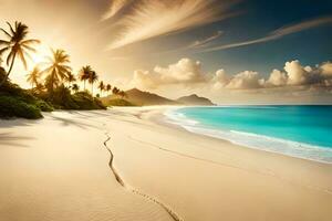 tropisch strand met palm bomen en zand Bij zonsondergang. ai-gegenereerd foto