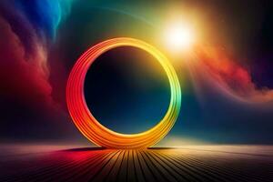 een kleurrijk ring is in de centrum van een donker kamer. ai-gegenereerd foto