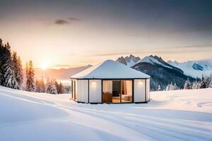 een klein wit yurt zit Aan top van een besneeuwd heuvel. ai-gegenereerd foto