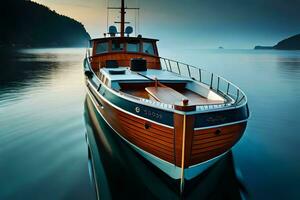 een boot is aangemeerd in de water Bij zonsondergang. ai-gegenereerd foto