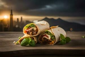 burrito's Aan een houten tafel met zonsondergang in de achtergrond. ai-gegenereerd foto