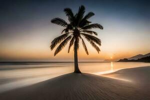 een palm boom staat Aan de strand Bij zonsondergang. ai-gegenereerd foto