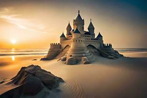 een kasteel Aan de strand Bij zonsondergang. ai-gegenereerd foto