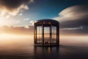 een klein huis zittend Aan top van een lichaam van water. ai-gegenereerd foto