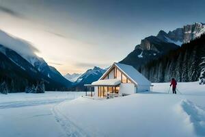 een Mens is staand in voorkant van een cabine in de sneeuw. ai-gegenereerd foto