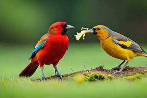 twee kleurrijk vogelstand aan het eten voedsel Aan gras. ai-gegenereerd foto