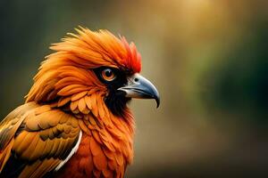 een dichtbij omhoog van een oranje vogel met een rood hoofd. ai-gegenereerd foto