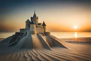 een kasteel gemaakt van zand Aan de strand Bij zonsondergang. ai-gegenereerd foto
