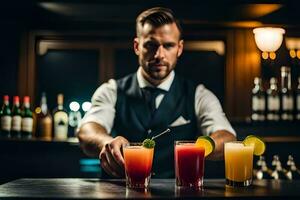 barman voorbereidingen treffen cocktails in bar. ai-gegenereerd foto